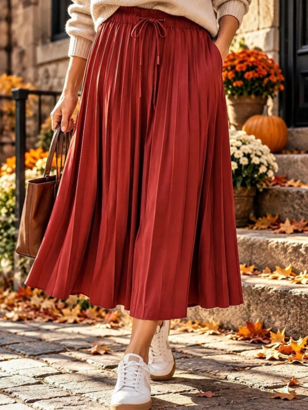 ATHLETA Pleated Midi Skirt in Dark Red Drawstring Waist Size Medium Like New